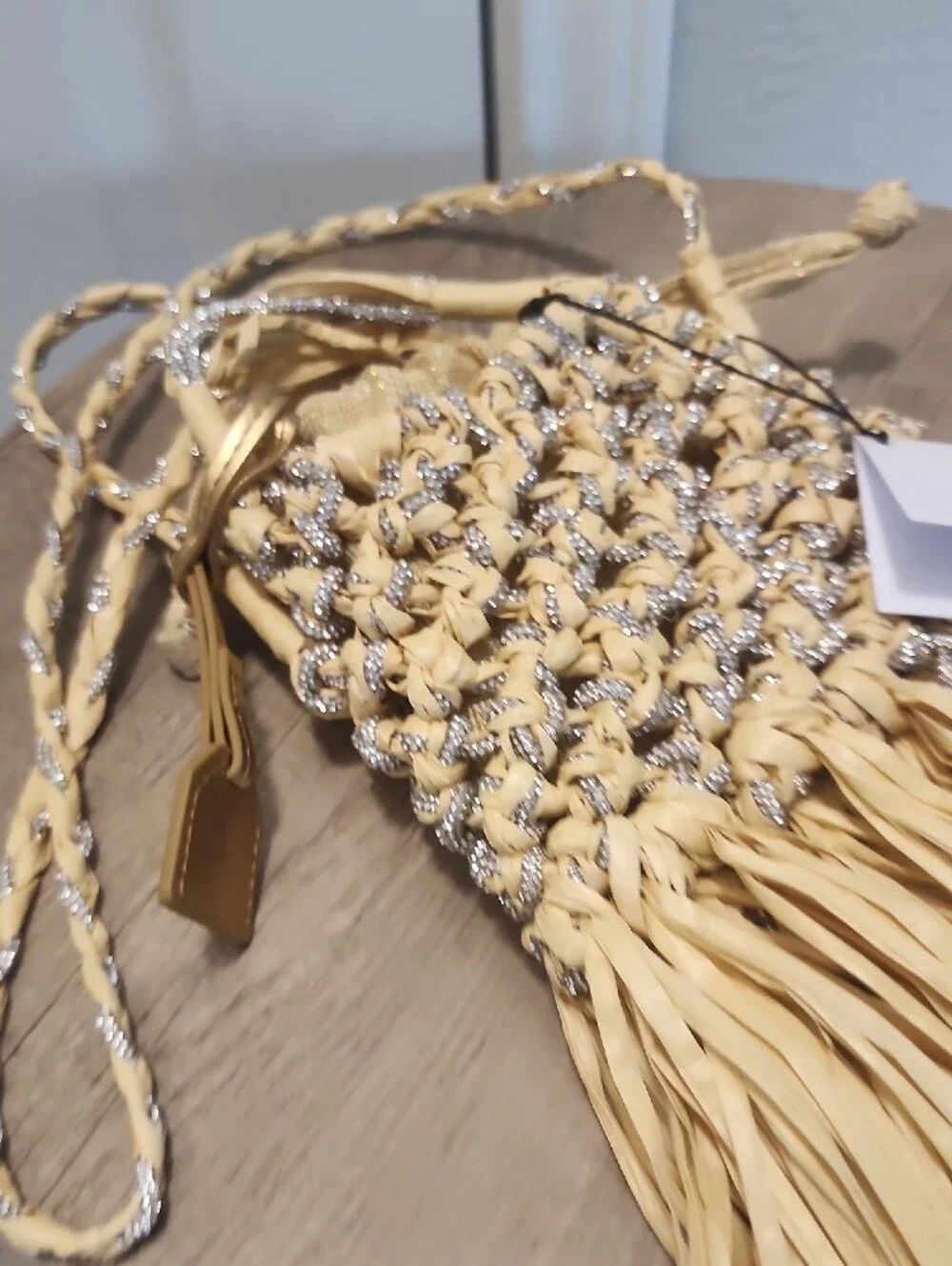 Kurt Geiger Straw Fringe Hanging Bag in Natural with Silver Accents